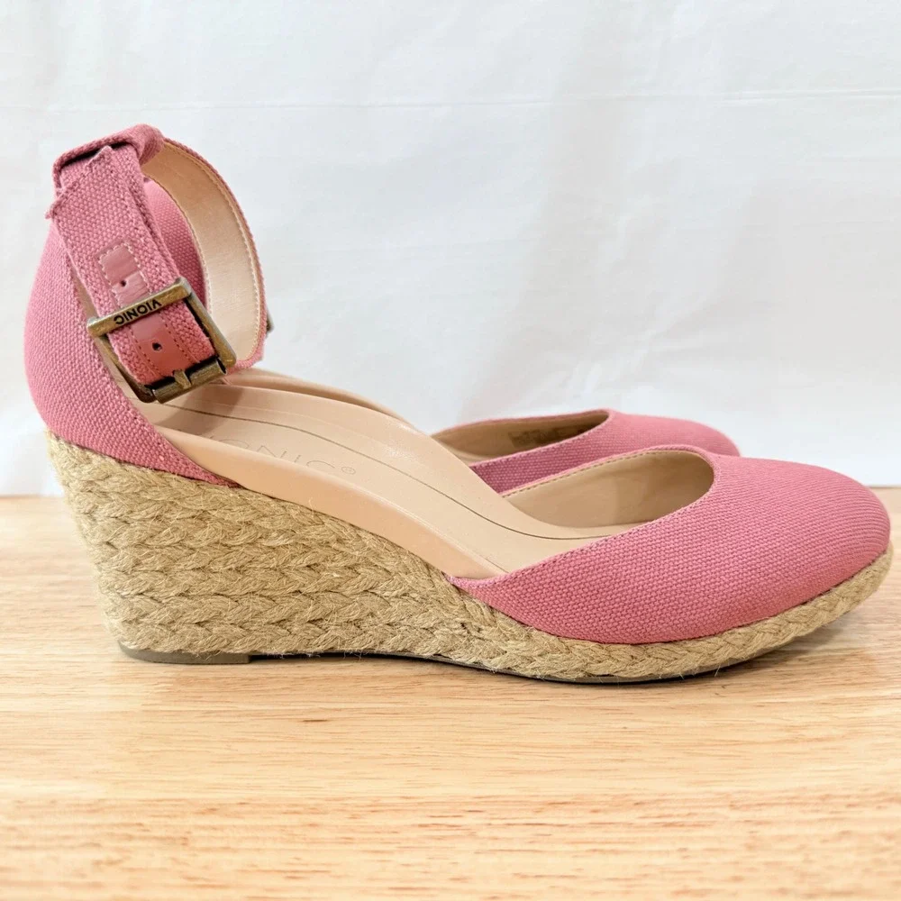 Vionic Amy Canvas 7.5 Pink Espadrille Wedge Ankle Strap Coastal Cottagecore